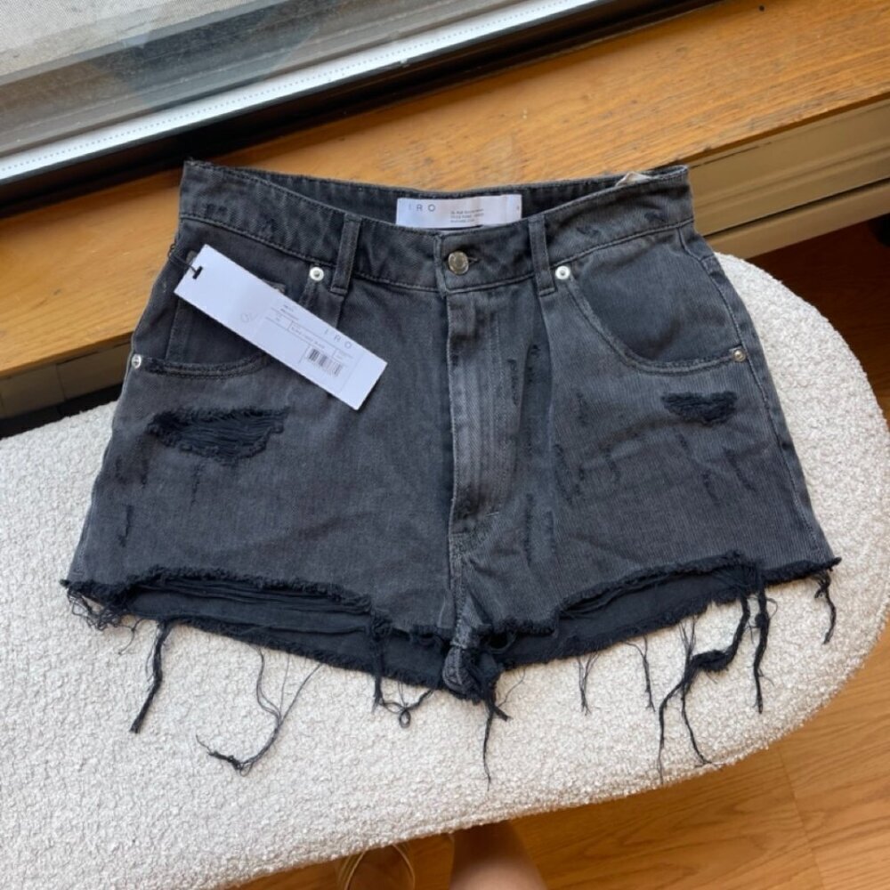 IRO Paris Black Distressed Denim Shorts High Waisted Frayed Hem Cutoff Summer
